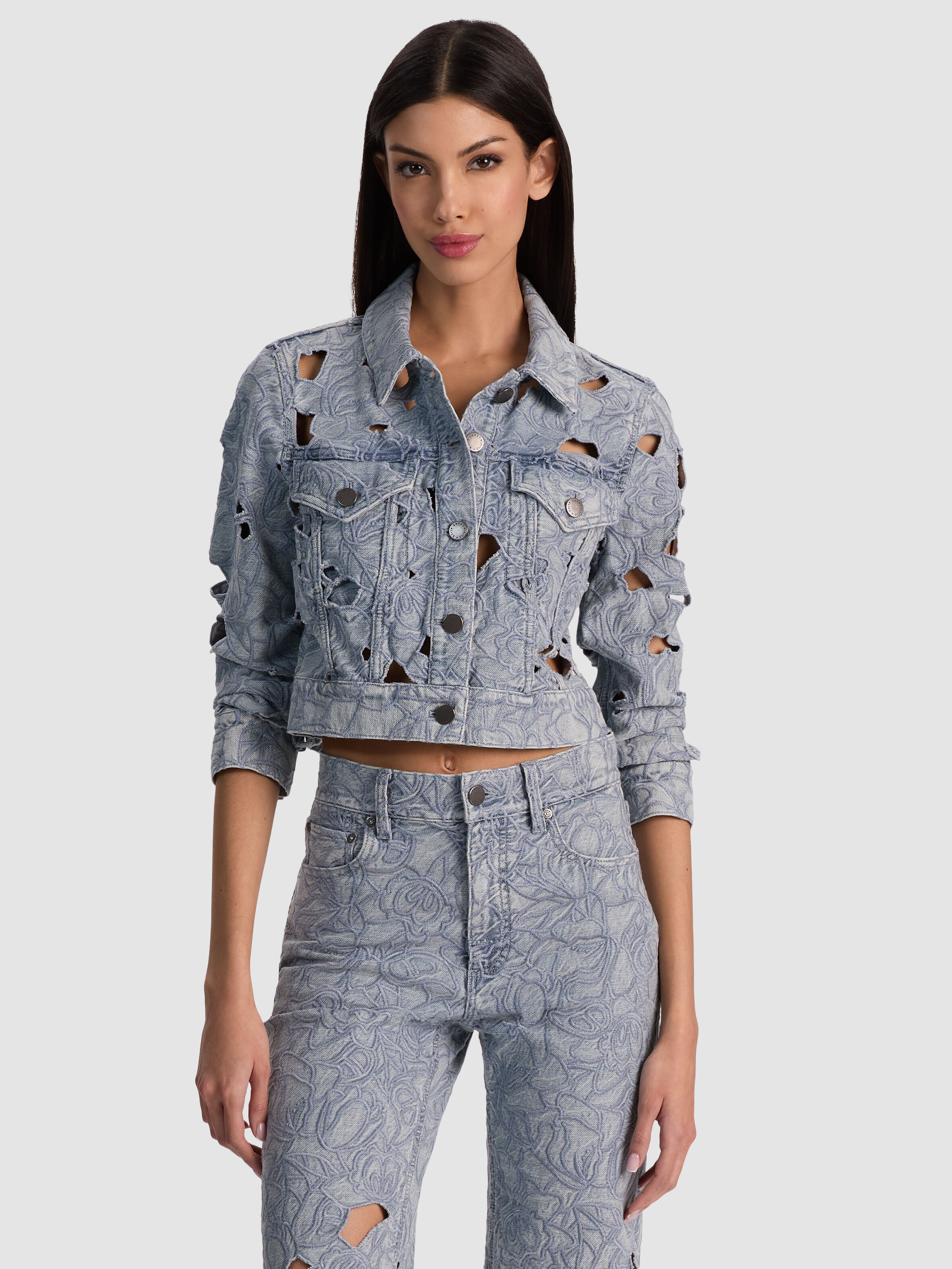 CHLOE LASER-CUT DENIM JACKET in ROCKSTAR BLUE | ALICE + OLIVIA