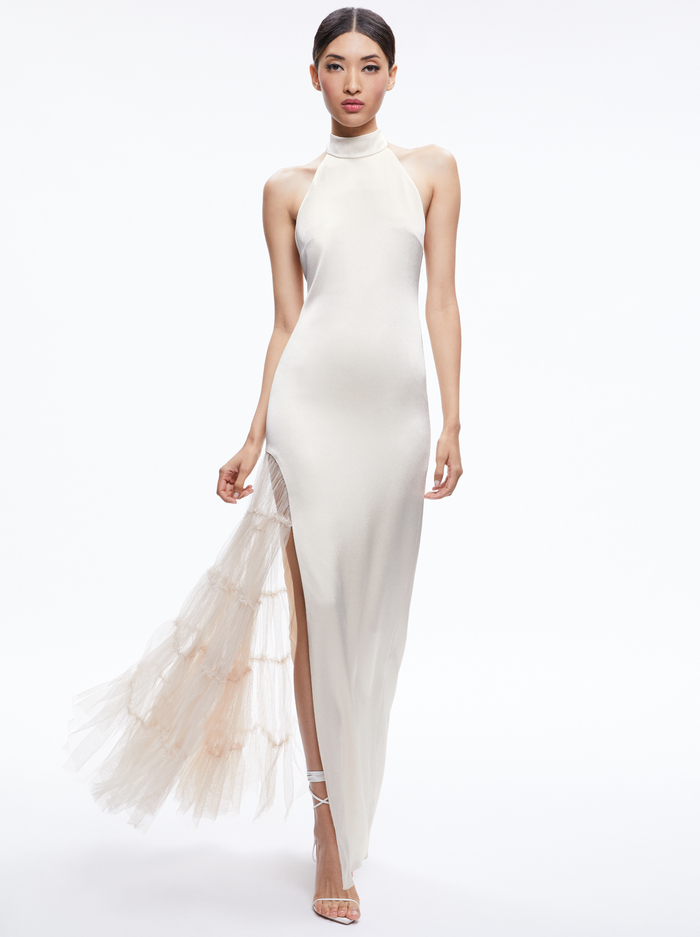 RYN SLIT TULLE PANEL MAXI DRESS - CHAMPAGNE - Alice And Olivia