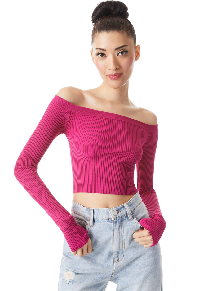 JEANNE OFF SHOULDER RIB PULLOVER - RASPBERRY - Alice And Olivia