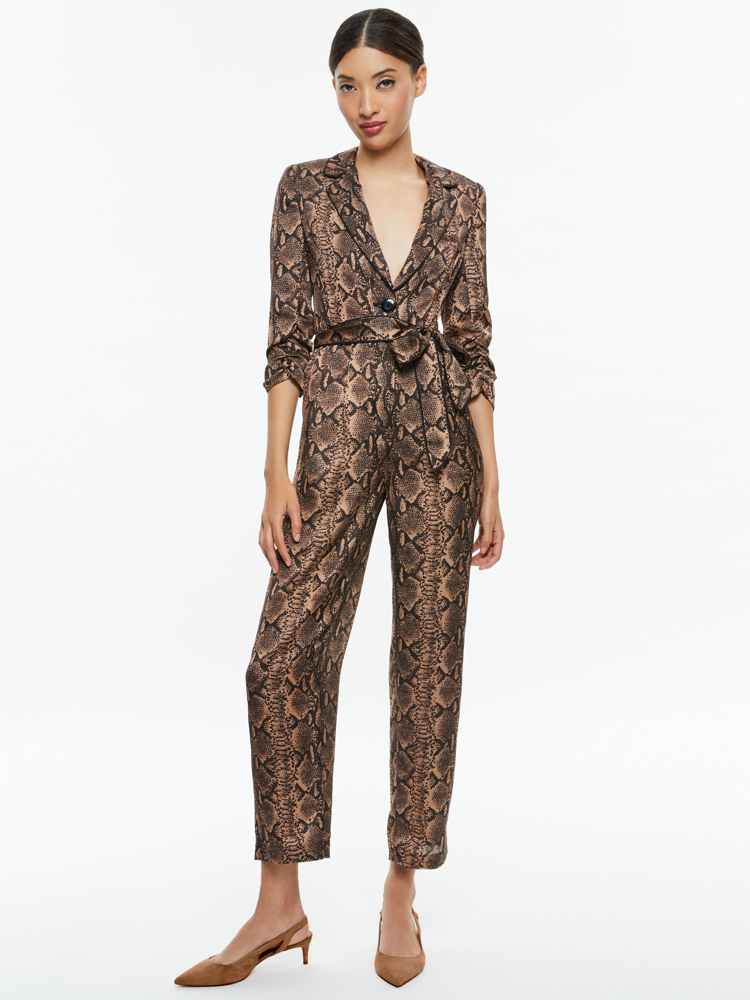 Louetta Pleated Tuxedo Jumpsuit In Camel black Snake Alice Olivia