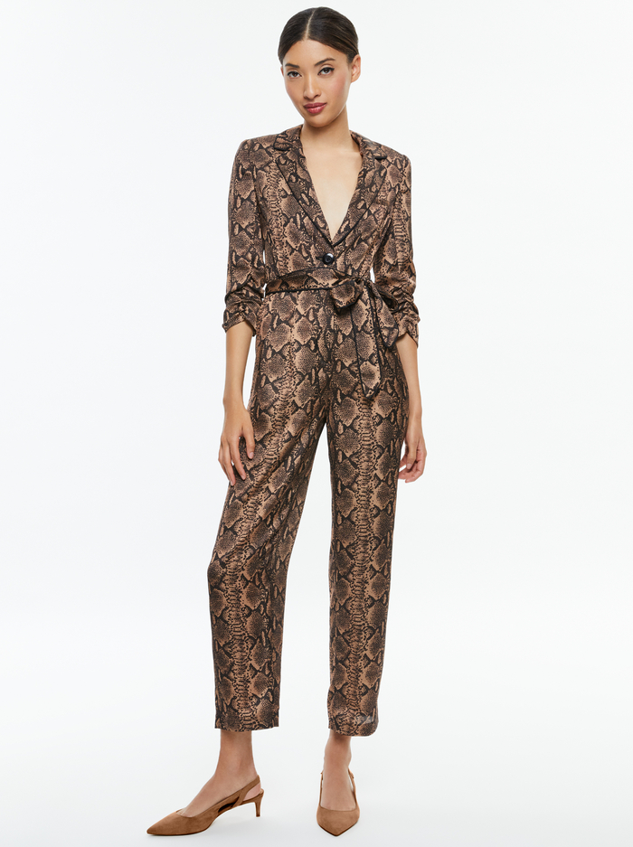 LOUETTA PLEATED TUXEDO JUMPSUIT - CAMEL/BLACK SNAKE - Alice And Olivia