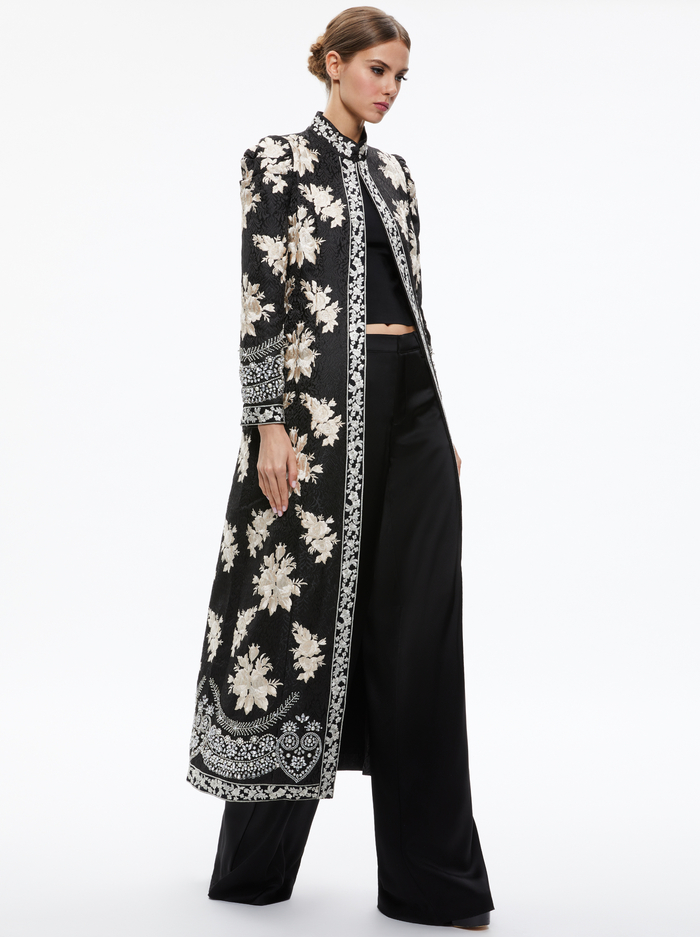 Thomas Embroidered Maxi Coat In Black/silver