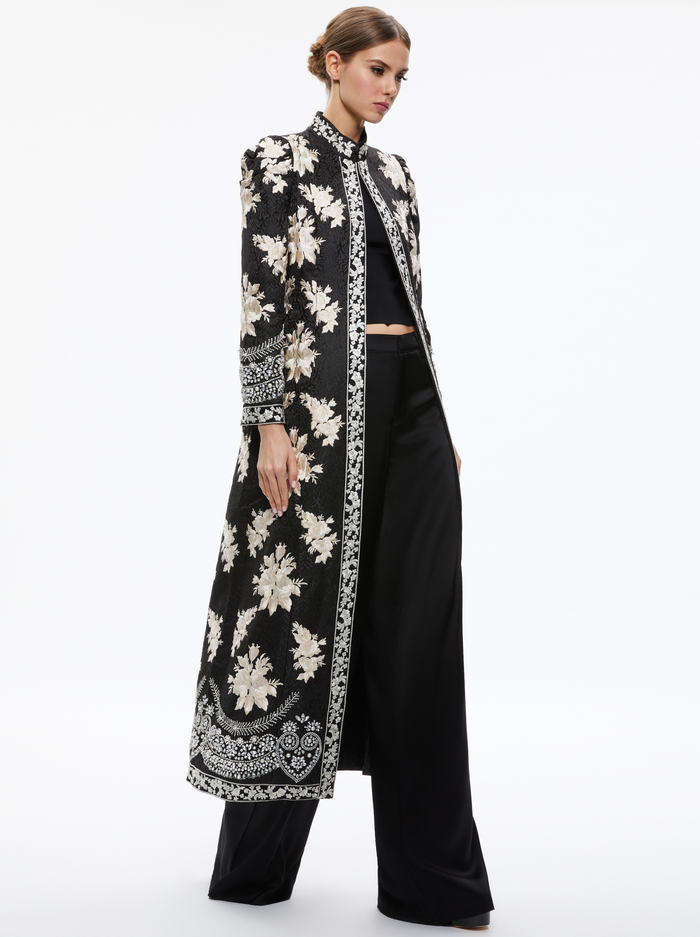 THOMAS EMBROIDERED MAXI COAT - BLACK/SILVER - Alice And Olivia