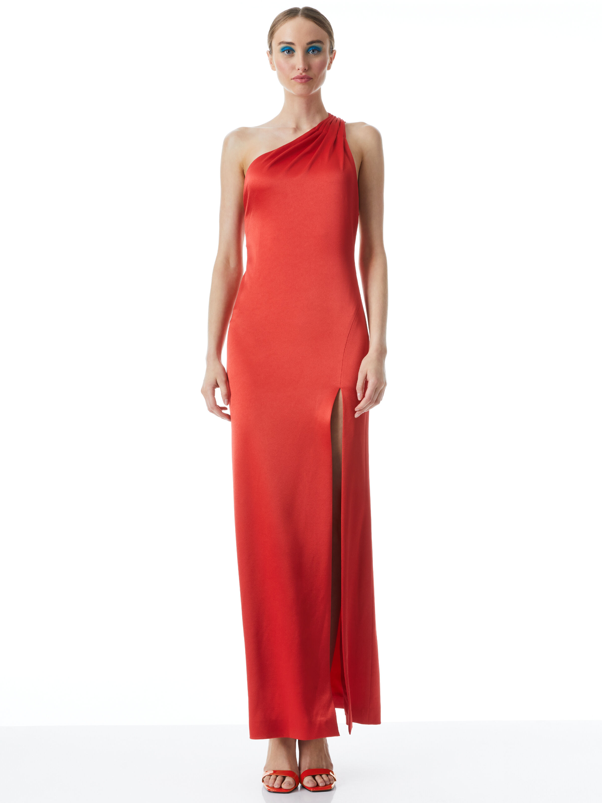 Paulette One Shoulder Fitted Gown In Bright Poppy Alice Olivia