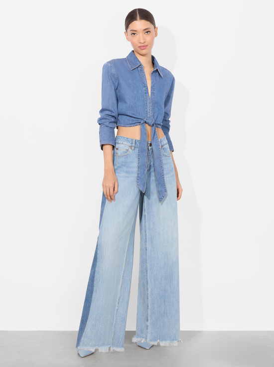 MEDIUM INDIGO CHAMBRAY-HANNON CHAMBRAY TIE FRONT BLOUSE