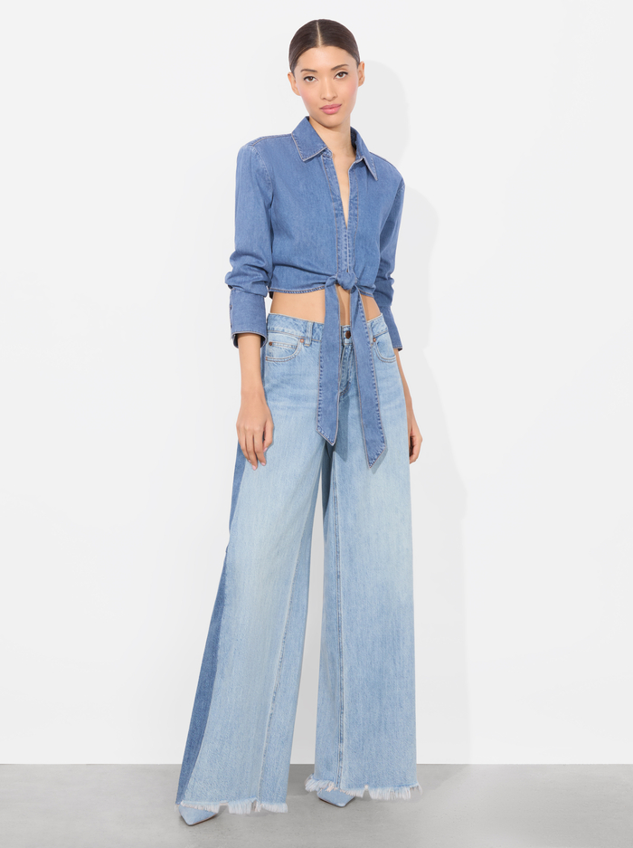 HANNON CHAMBRAY TIE FRONT BLOUSE - MEDIUM INDIGO CHAMBRAY image 4 - Alice And Olivia