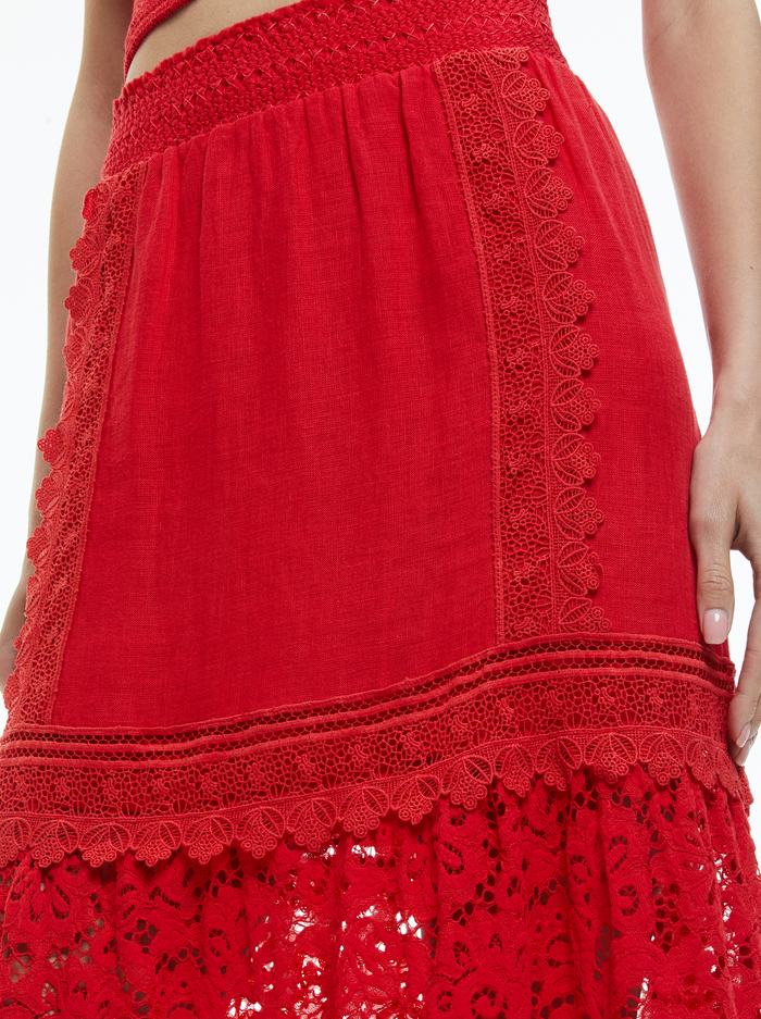 REISE EMBROIDERED TIERED MAXI SKIRT - BRIGHT RUBY image 3 - Alice And Olivia