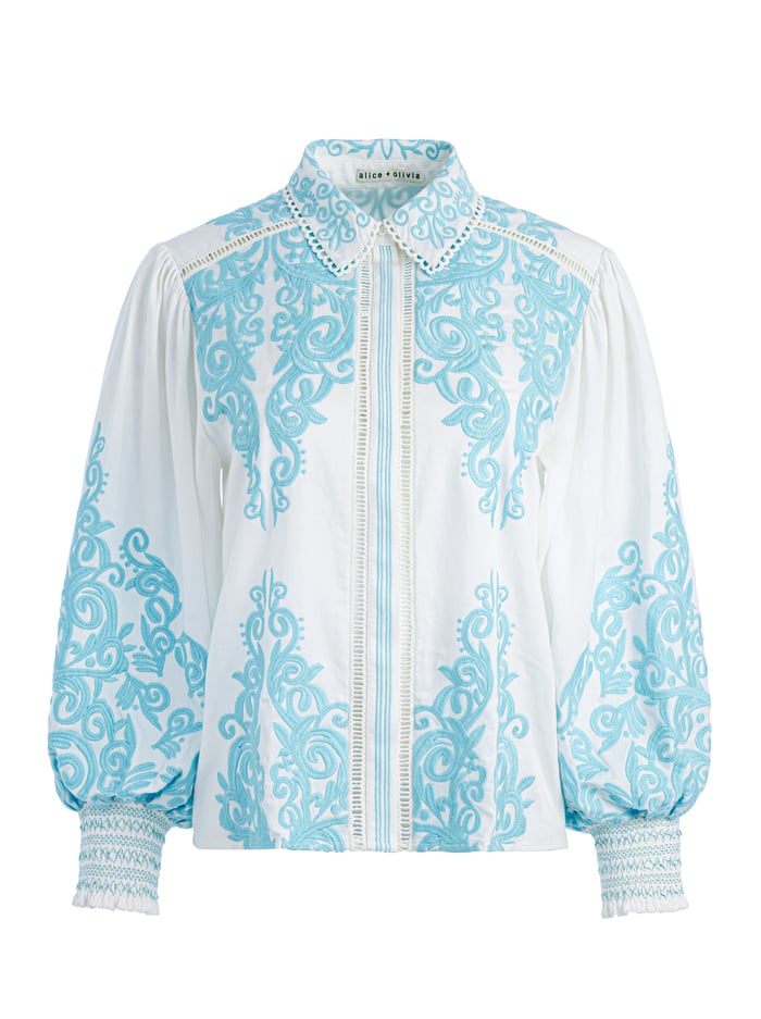 LORYN EMBROIDERED BUTTON DOWN BLOUSE - OFF WHITE/SPRING SKY image 5 - Alice And Olivia