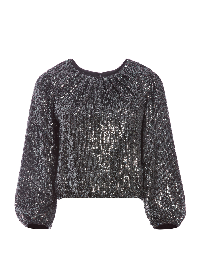 AVILA SEQUIN CREW NECK CROP TOP - GUNMETAL image 5 - Alice And Olivia