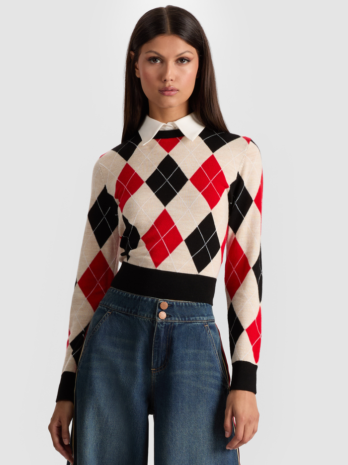 CAROLANN ARGYLE PULLOVER - OATMEAL HTR/BLACK/PERFECT RUBY - Alice And Olivia