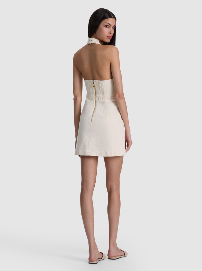SOLANA BUCKLE DENIM HALTER MINI DRESS - OFF WHITE image 2 - ALICE + OLIVIA