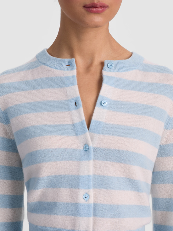 CAROLINA BLUE/ECRU-DOLLIE STRIPED CASHMERE CARDIGAN