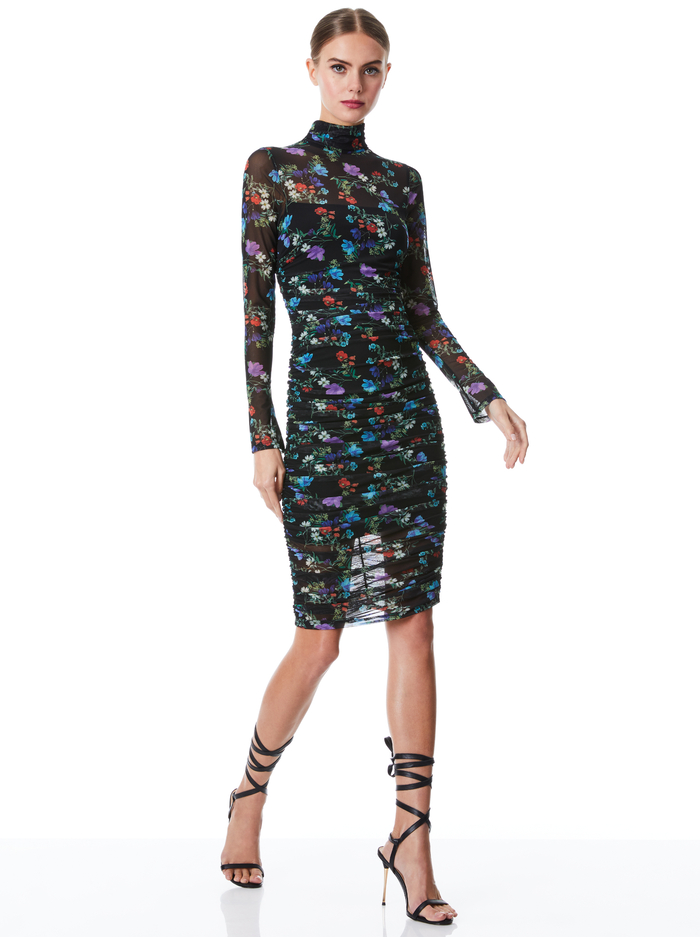 DELORA TURTLENECK LONG SLEEVE MIDI DRESS - BEAUTIFUL BLOOMS SM BLACK image 2 - Alice And Olivia