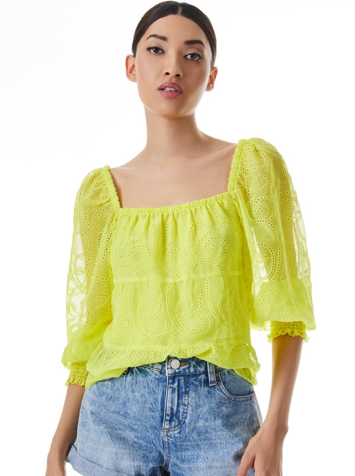 ROWA SMOCKED CUFF SQUARE NECK TOP - LEMON SORBET - Alice And Olivia