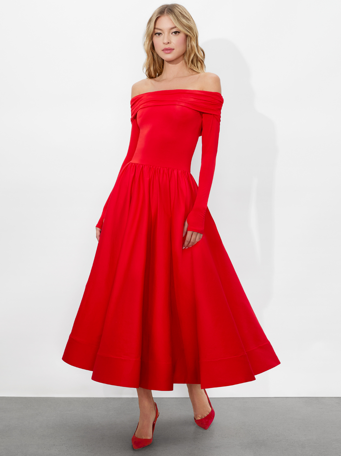 CHARA FLARED MIDI DRESS - BRIGHT RUBY - Alice And Olivia