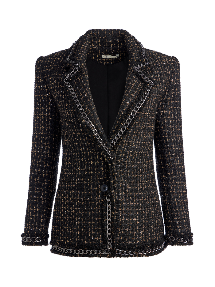 SHAN TWEED CHAIN TRIM BLAZER - BLACK/GOLD image 5 - Alice And Olivia