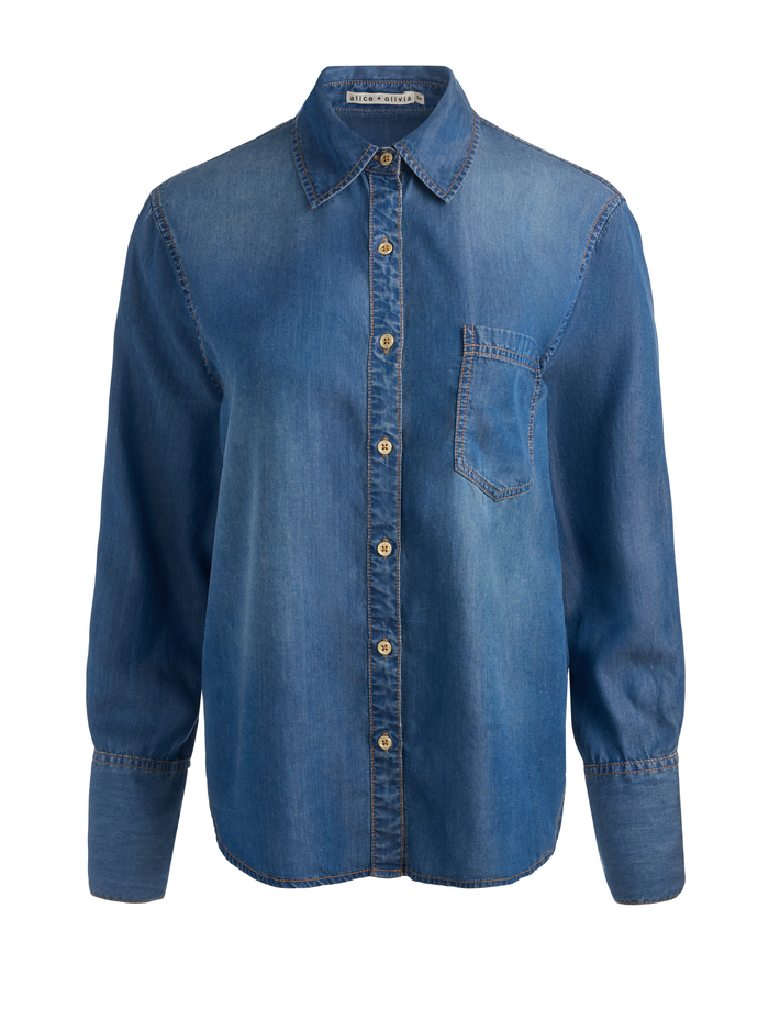 FINELY OVERSIZED DENIM BUTTON DOWN - FLORENCE VINTAGE BLUE image 5 - ALICE + OLIVIA
