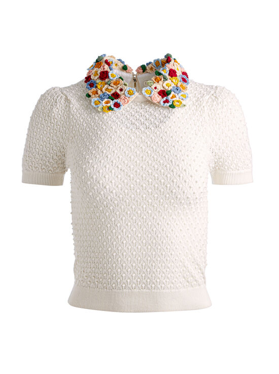 SOFT WHITE/MULTI-CHASE PUFF SLEEVE SWEATER