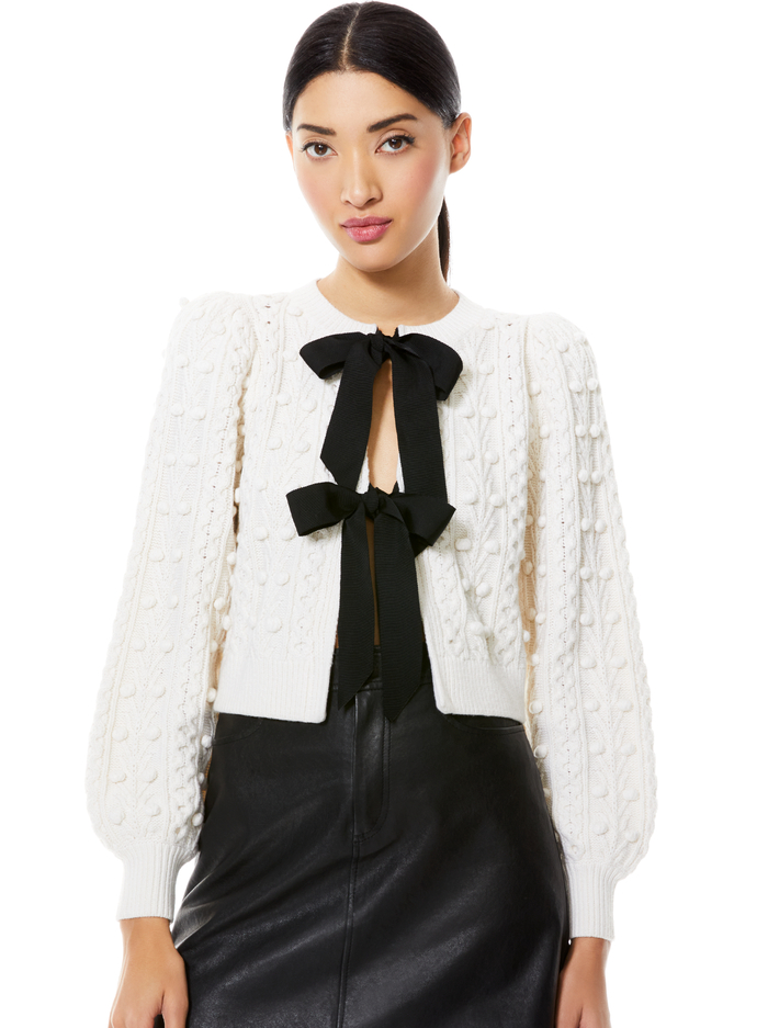 KITTY PUFF SLEEVE CARDIGAN - SOFT WHITE/BLACK - Alice And Olivia