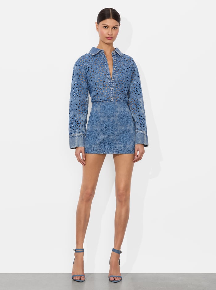 RUBI DENIM MICRO SKIRT - AVERY BLUE image 1 - Alice And Olivia