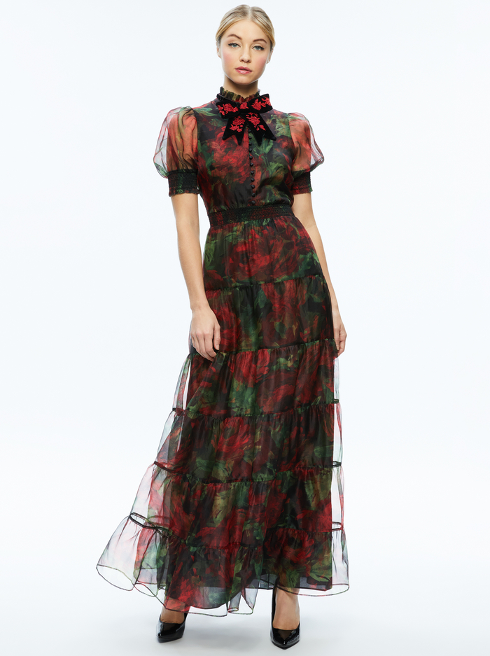 COLETTA BOW NECK BUTTON FRONT MAXI DRESS - CLOUD FLORAL BORDEAUX LG image 4 - Alice And Olivia