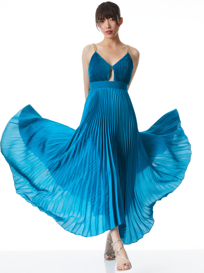 GLORIA CHAIN STRAP PLEATED MAXI DRESS - OCEAN BLUE image 4 - Alice And Olivia