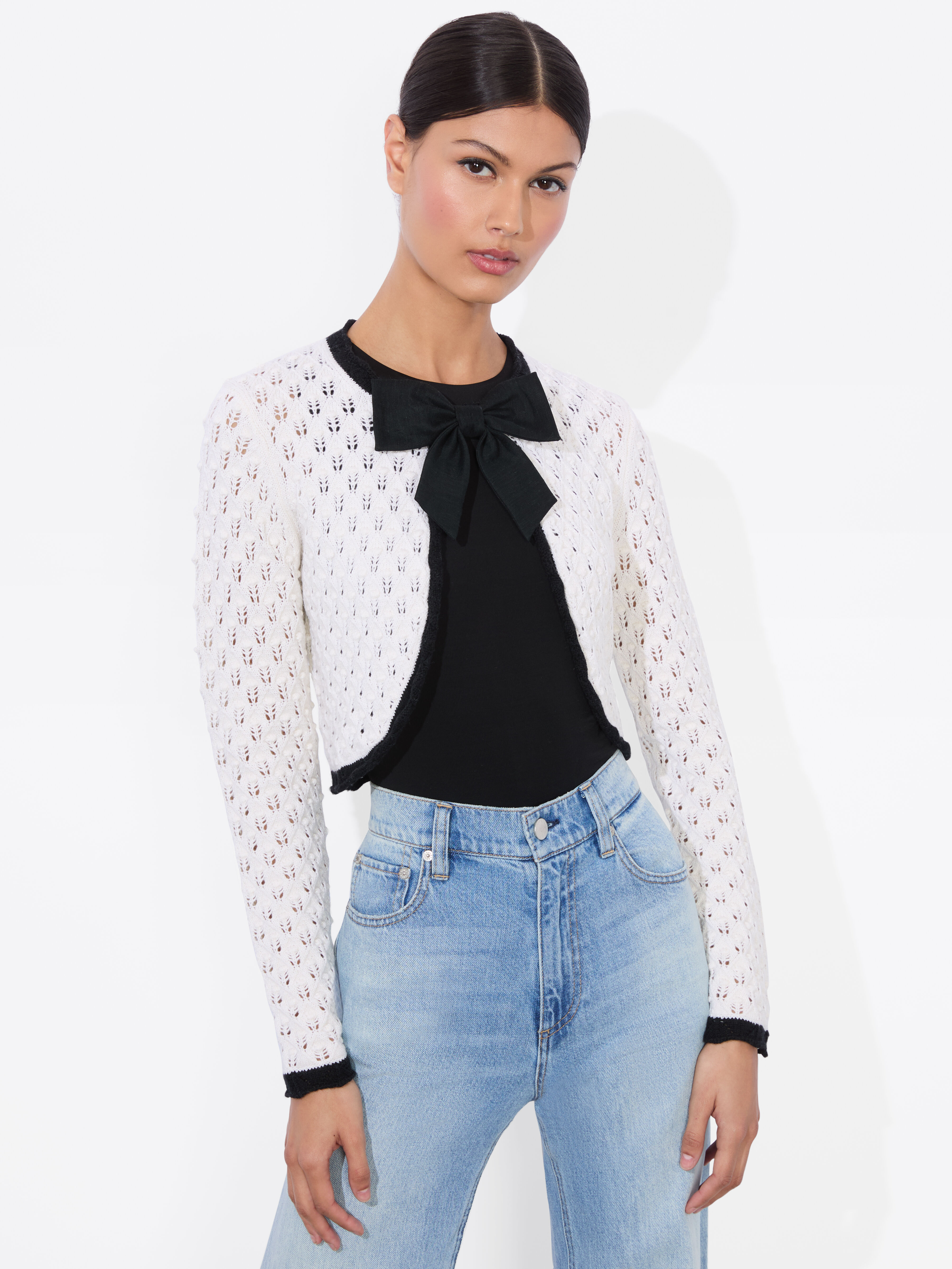 Dannie Shrug Bow Cardigan In Soft White/black | Alice + Olivia