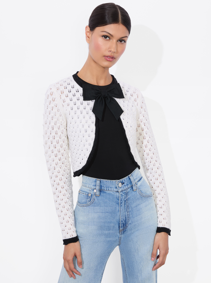 DANNIE SHRUG BOW CARDIGAN - SOFT WHITE/BLACK - Alice And Olivia