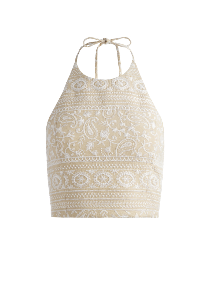 JAYMEE TIE NECK CROPPED HALTER TOP - NATURAL/WHITE image 5 - Alice And Olivia