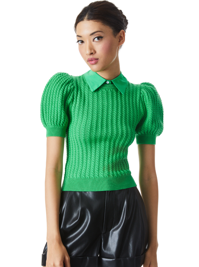CHASE CABLE KNIT PUFF SLEEVE SWEATER - GARDEN GREEN - Alice And Olivia