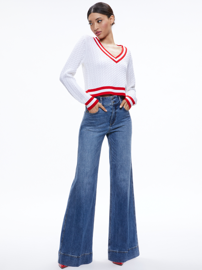 MARIKA CABLE KNIT V-NECK PULLOVER - SOFT WHITE/PERFECT RUBY image 2 - Alice And Olivia