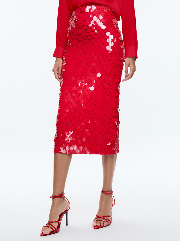 FIFI PAILLETTE MIDI SKIRT - BRIGHT RUBY - Alice And Olivia