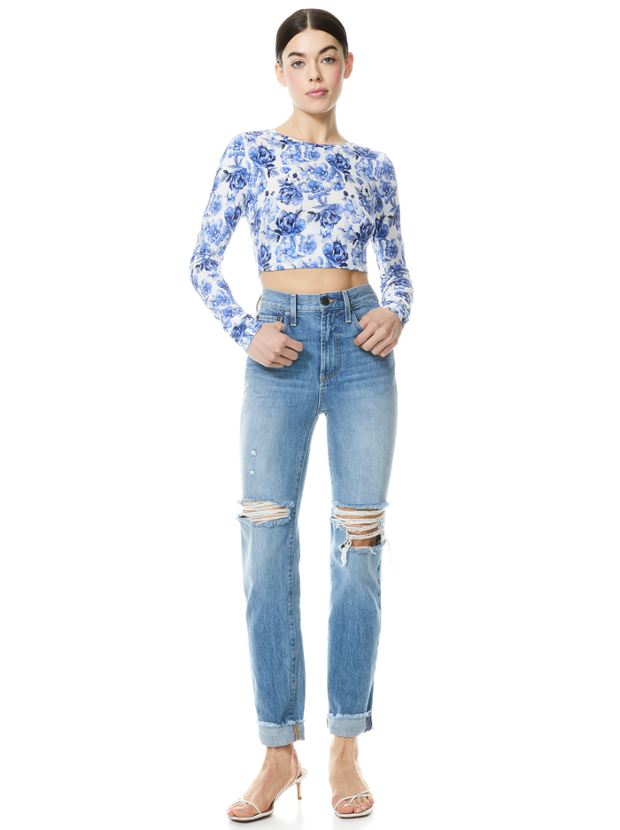 DELAINA FLORAL CREW NECK CROP TOP - FORGET ME NOT LG ANTIQUE WHITE image 2 - ALICE + OLIVIA