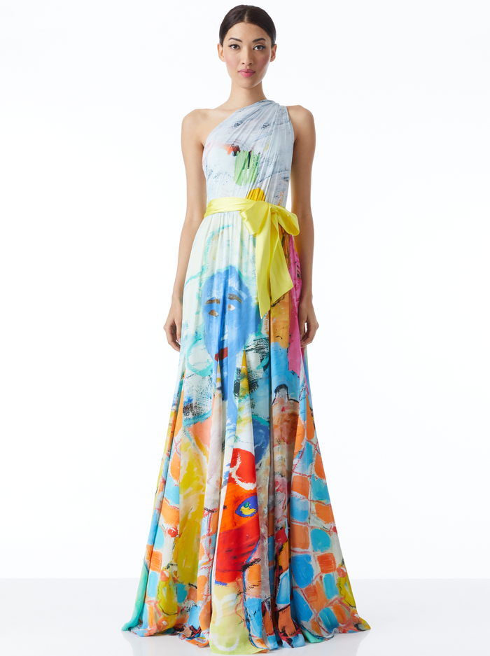 A+O X KIDSUPER MILAN ONE SHOULDER GOWN WITH WAIST BOW - COLMS PAINTING - Alice And Olivia