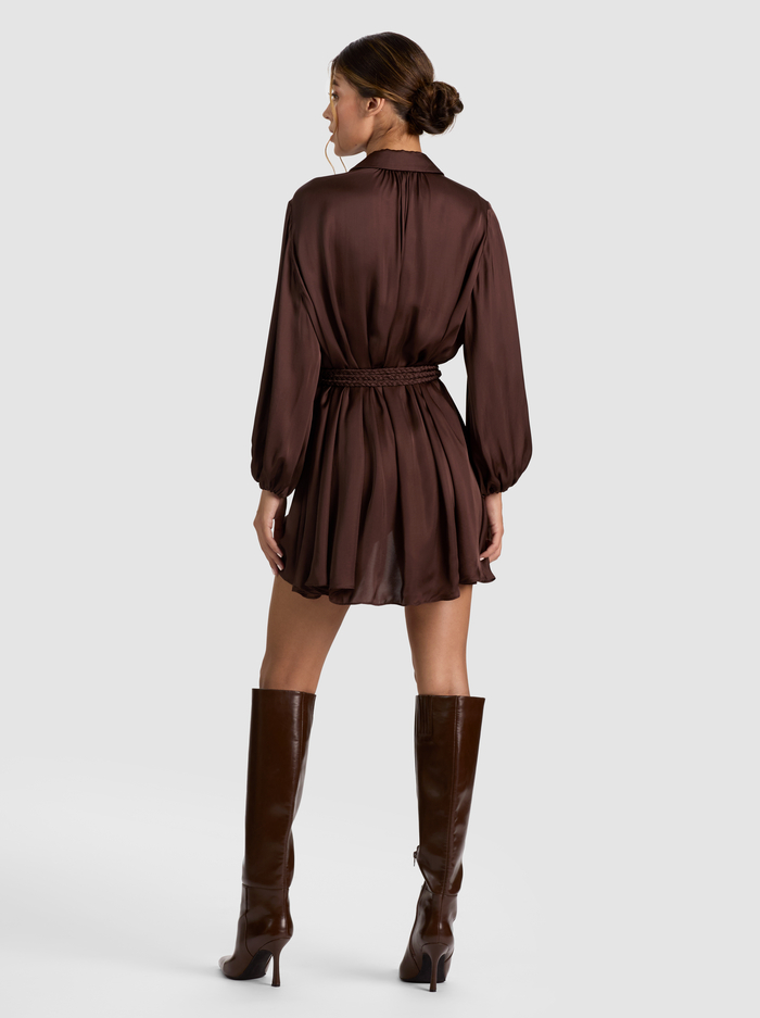 MARGAUX TIE FRONT MINI DRESS - DARK CHOCOLATE image 2 - ALICE + OLIVIA