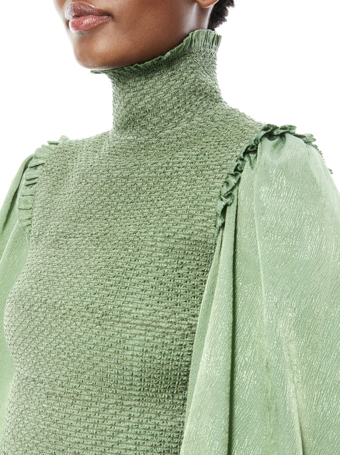 ELVIRA SMOCKED MOCK NECK MINI DRESS - SAGE image 3 - Alice And Olivia