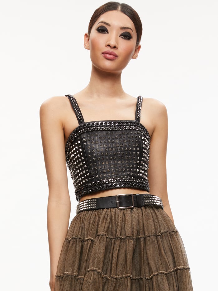 CERESI CHAIN STRAP STUDDED TOP - BLACK/ANTIQUE NICKLE - Alice And Olivia