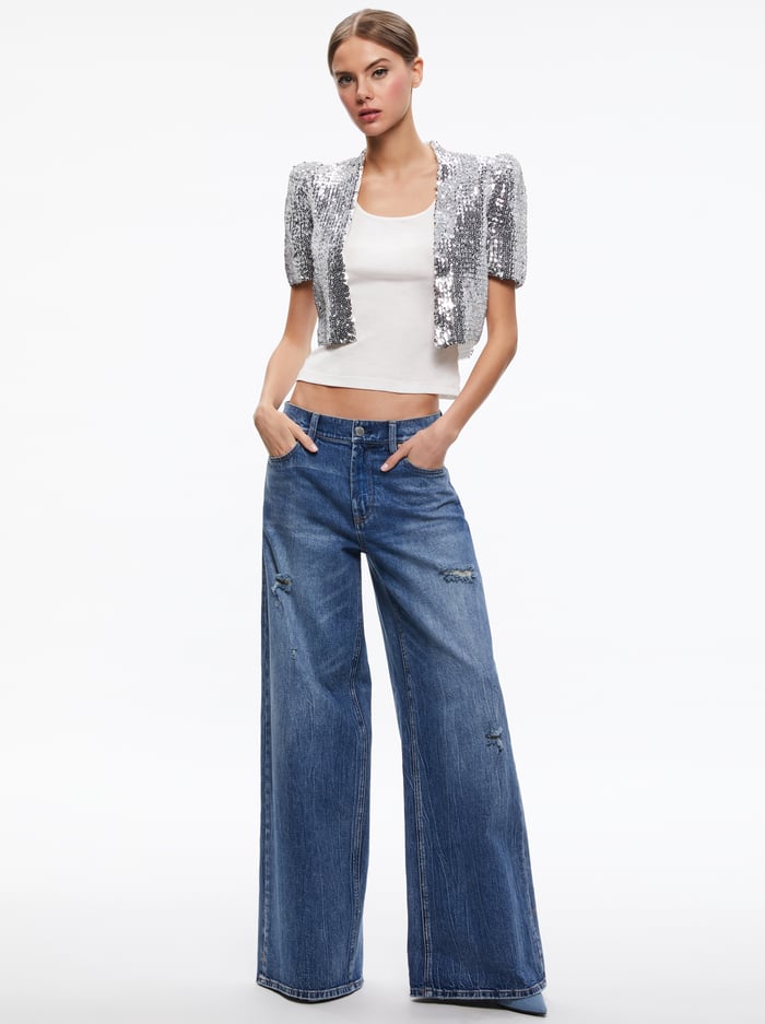 SHERRYL SEQUIN EMEBLLISHED CROPPED CARDIGAN - SILVER image 2 - Alice And Olivia