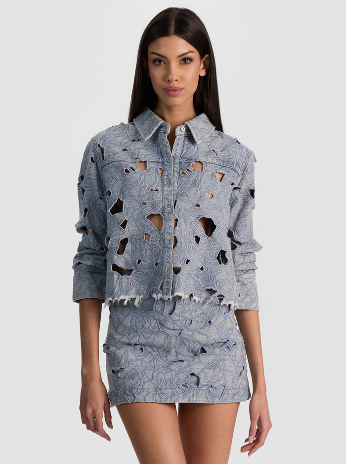 FINELY LASER-CUT DENIM SHIRT - ROCKSTAR BLUE - ALICE + OLIVIA