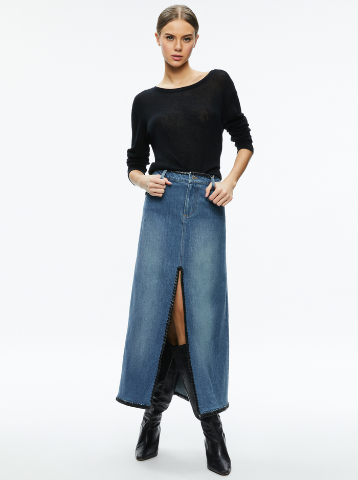 RYE DENIM MAXI SKIRT WITH VEGAN LEATHER - LOLA BLUE/BLACK image 2 - Alice And Olivia