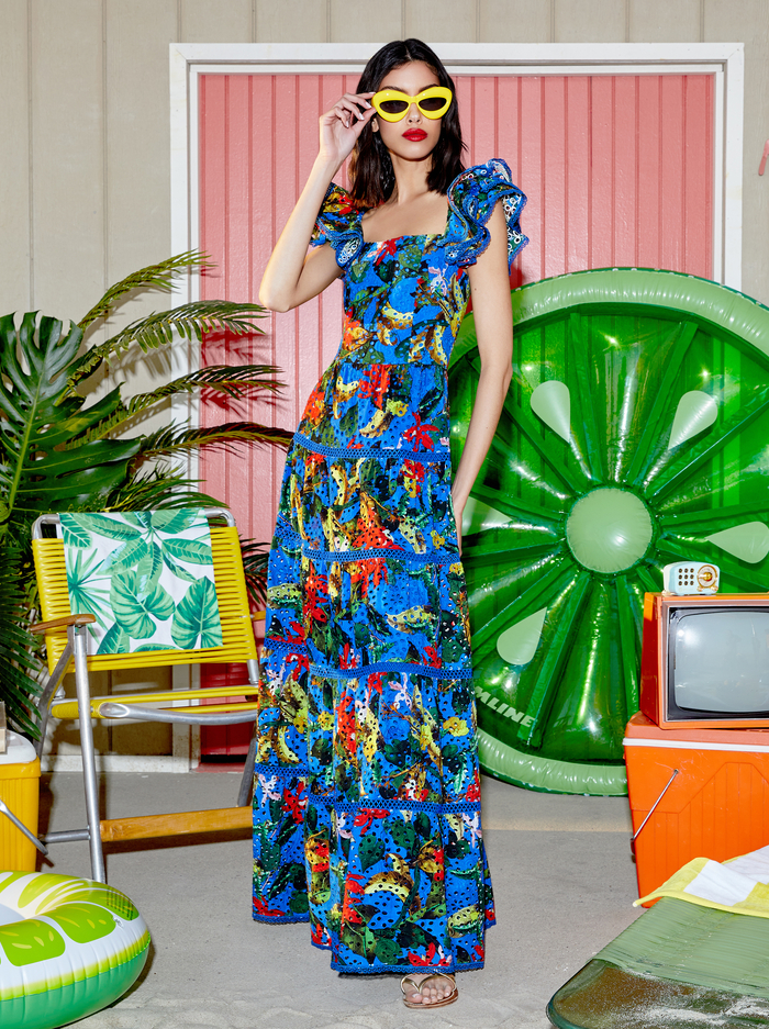 TAWNY EYELET SQUARE NECK MAXI DRESS - TROPICAL SUNRISE SAPPHIRE image 6 - ALICE + OLIVIA