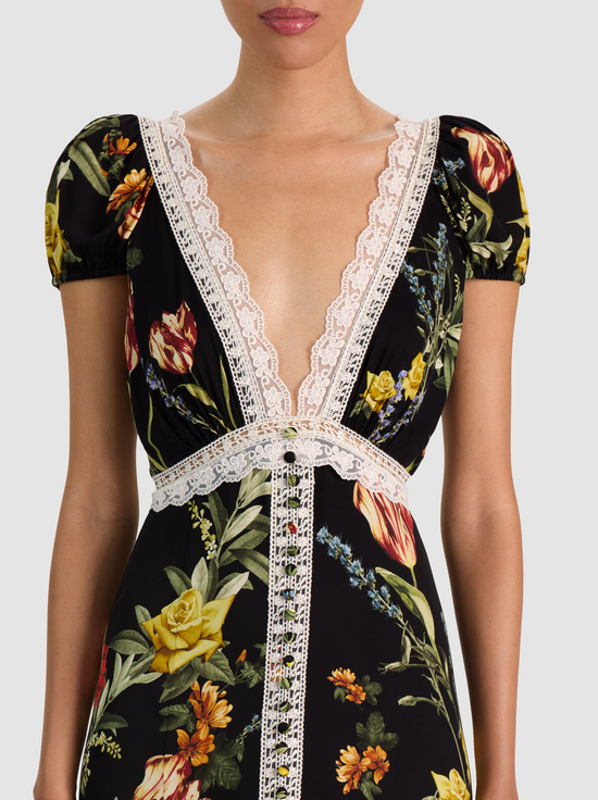 DESERT SPRIGS BLACK-ROSE BUTTON FRONT MAXI DRESS