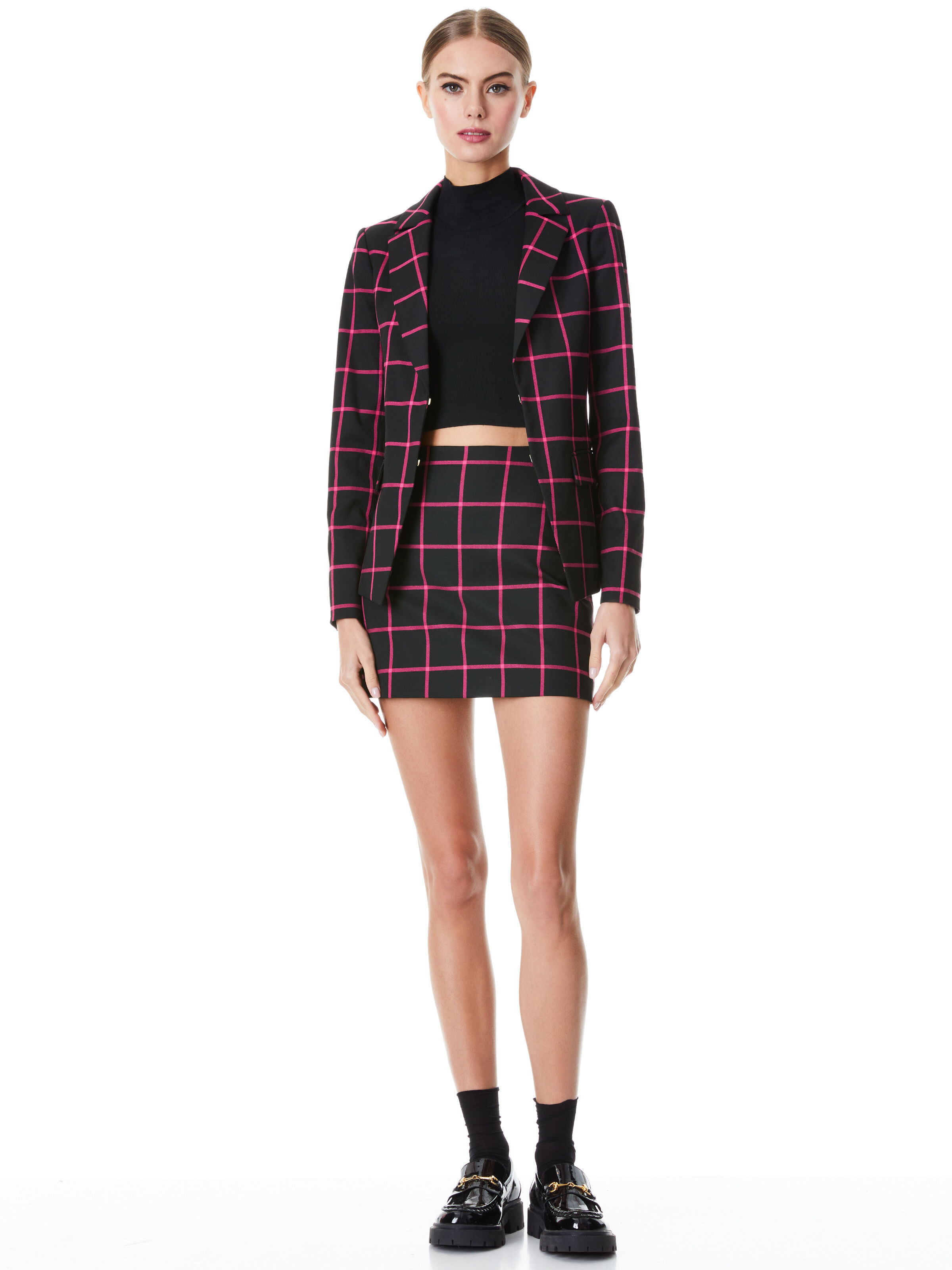 Notch collar plaid blazer and skater skirt set store