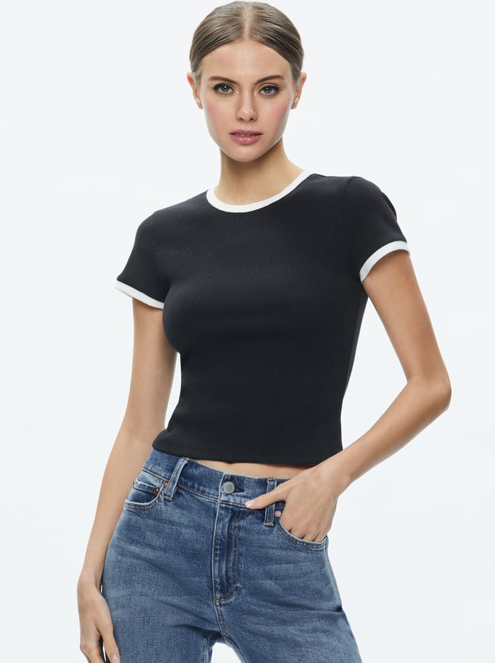 TESS RIBBED BABY TEE - BLACK/OFF WHITE - Alice And Olivia