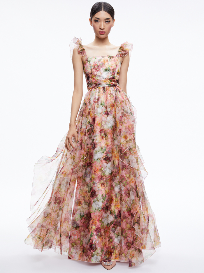 JASMINA RUFFLE GOWN - JUNIPER FLORAL BLACK - Alice And Olivia
