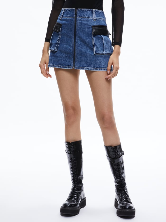 RAHMI VEGAN LEATHER CARGO DENIM MINI SKIRT - BROOKLYN BLUE - Alice And Olivia