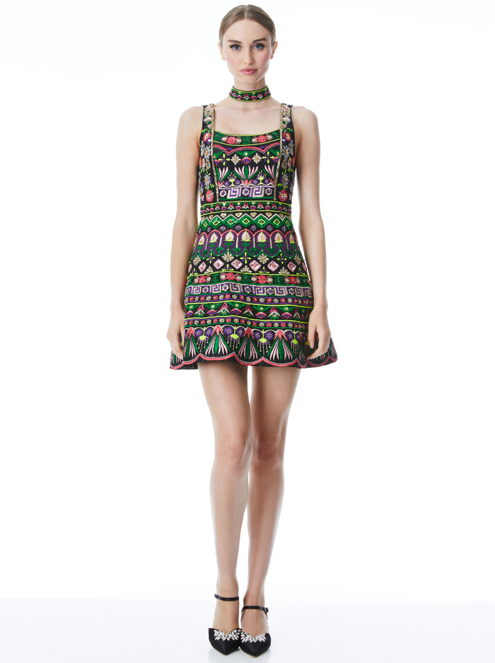 Tricia Embellished Mini Gown Dress In Black/multi | Alice And Olivia