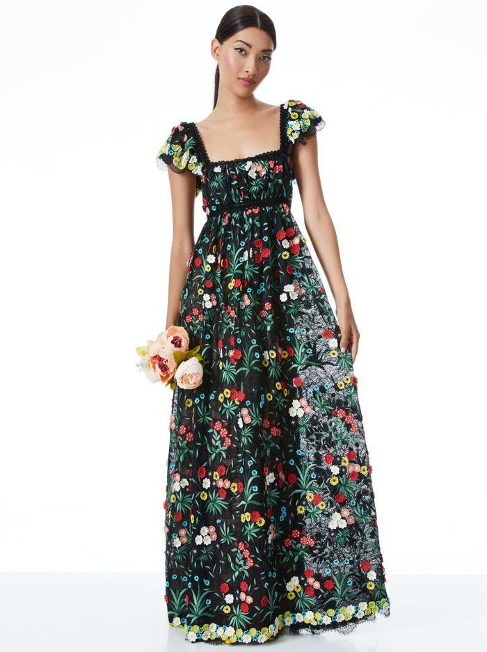 MCKENNA EMBELLISHED EMPIRE WAIST GOWN - BLACK/MULTI - Alice And Olivia