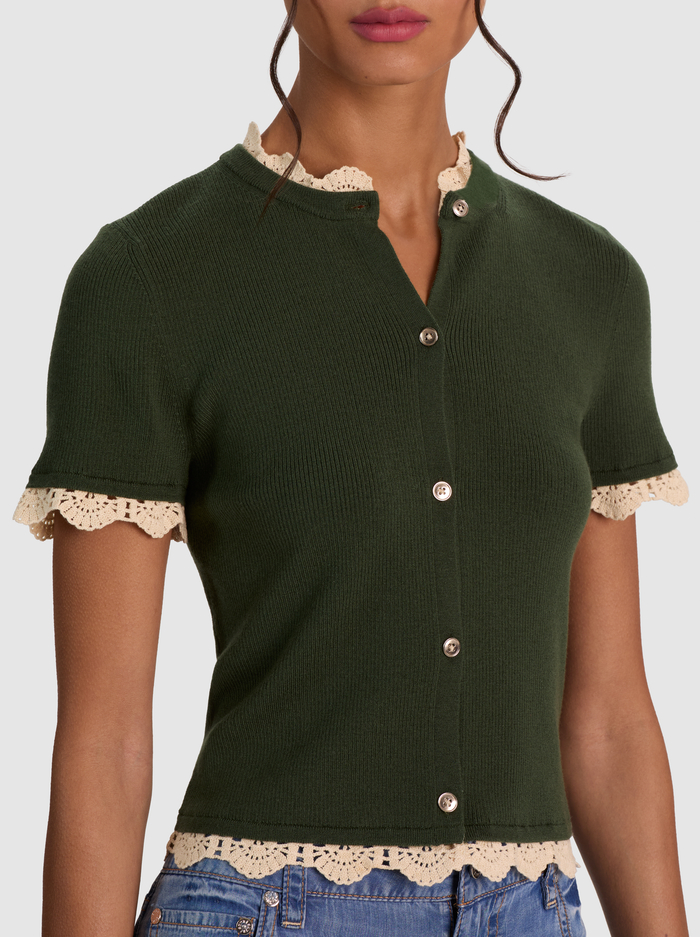 CIARA LACE TRIM CARDIGAN - DARK FERN/NATURAL image 3 - ALICE + OLIVIA