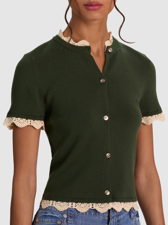 DARK FERN/NATURAL-CIARA LACE TRIM CARDIGAN